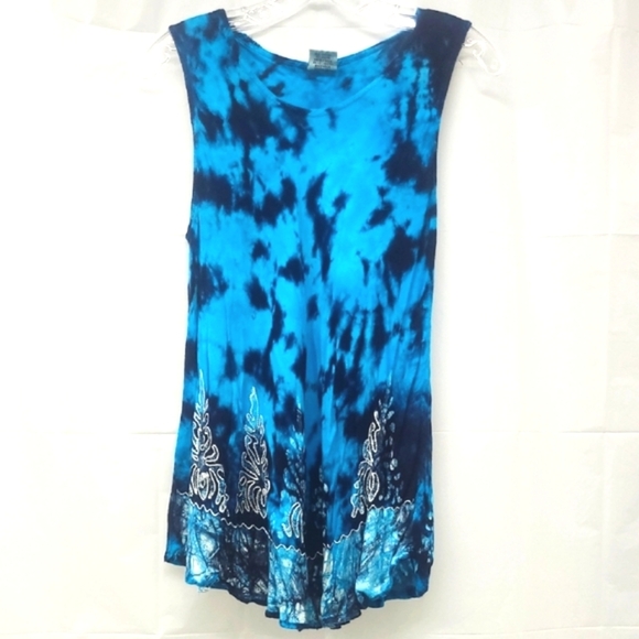 Midi Sundress Blue Black Tiedye Fit N Flare Shift Dress - Picture 1 of 9